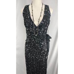 River Island NWT (10) Sleeveless, Black Sequin, v-neck,  Wrap Midi Dress